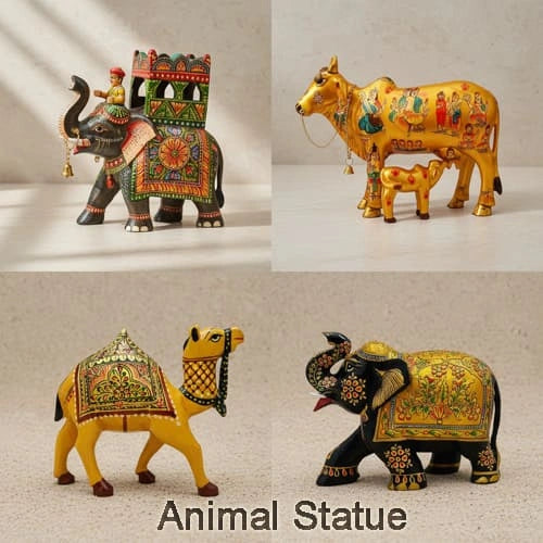 Artistic animal figurines handcrafted in Jaipur by KK Gift Store, including elephants, horses, parrots, and other decorative animal showpieces for home décor and gifts.