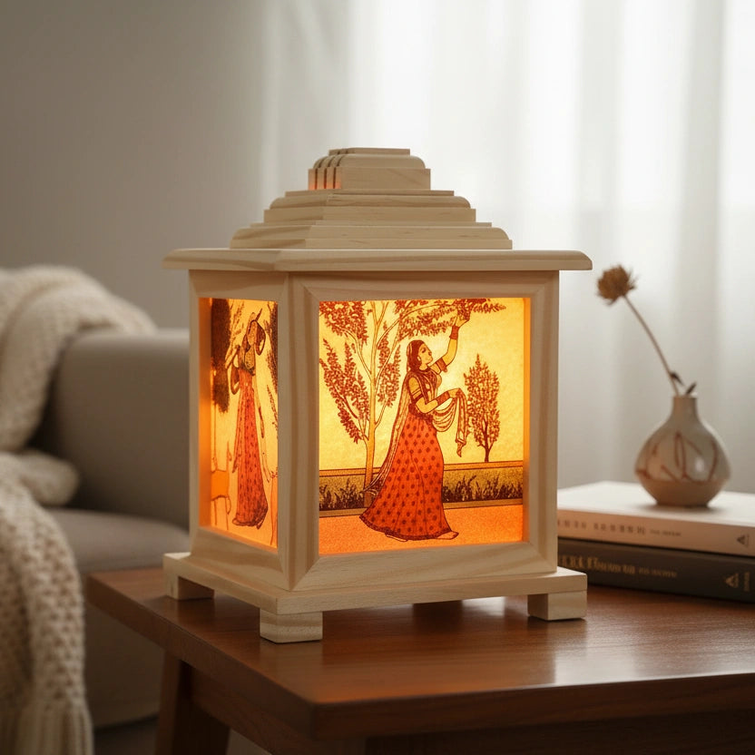 Handcrafted pine wood box lamp featuring a traditional Ragini gemstone painting that glows from within, casting a warm ambient light through colorful, hand-applied gemstones.