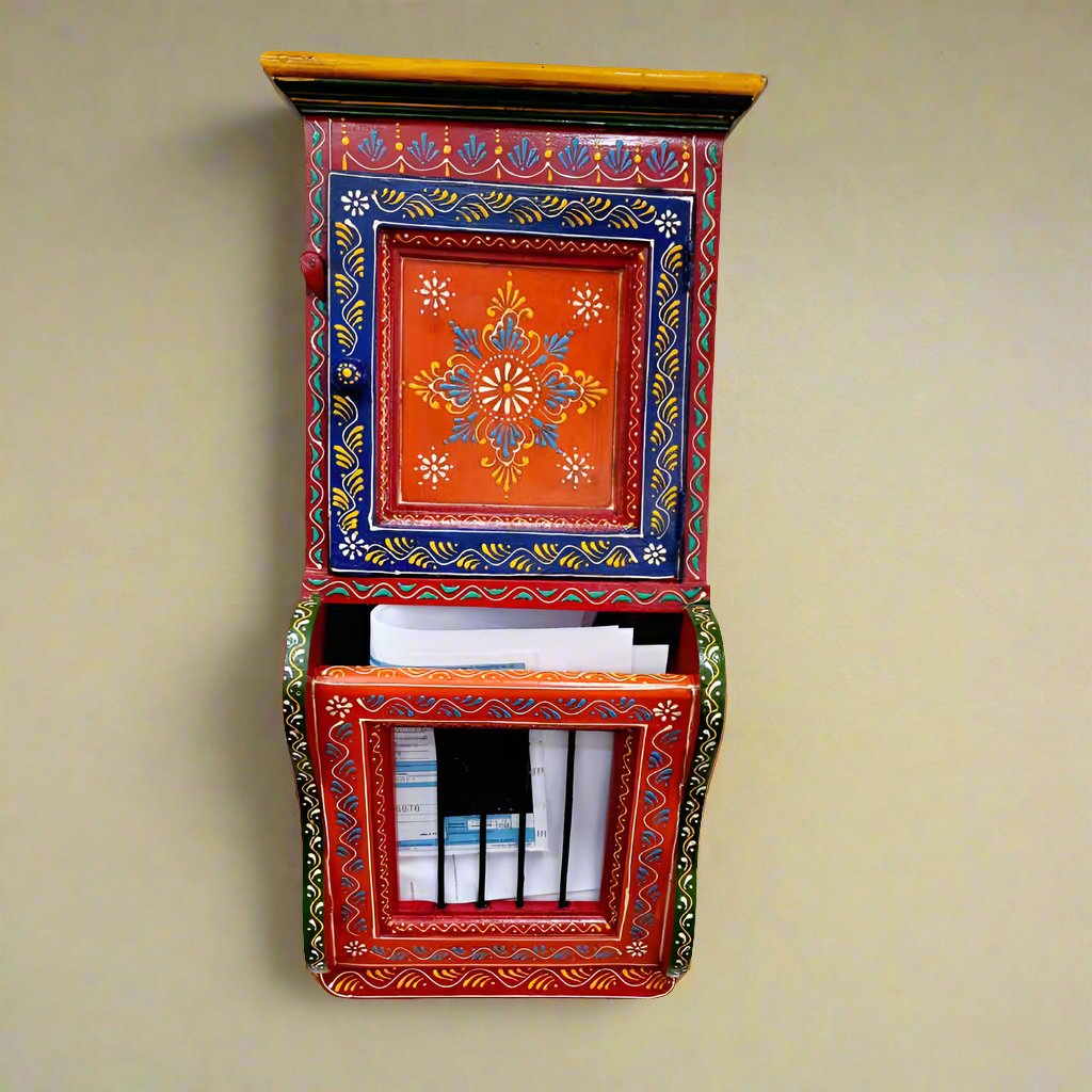 Artisan-crafted wooden key and paper storage holder, multicolor wall decoration