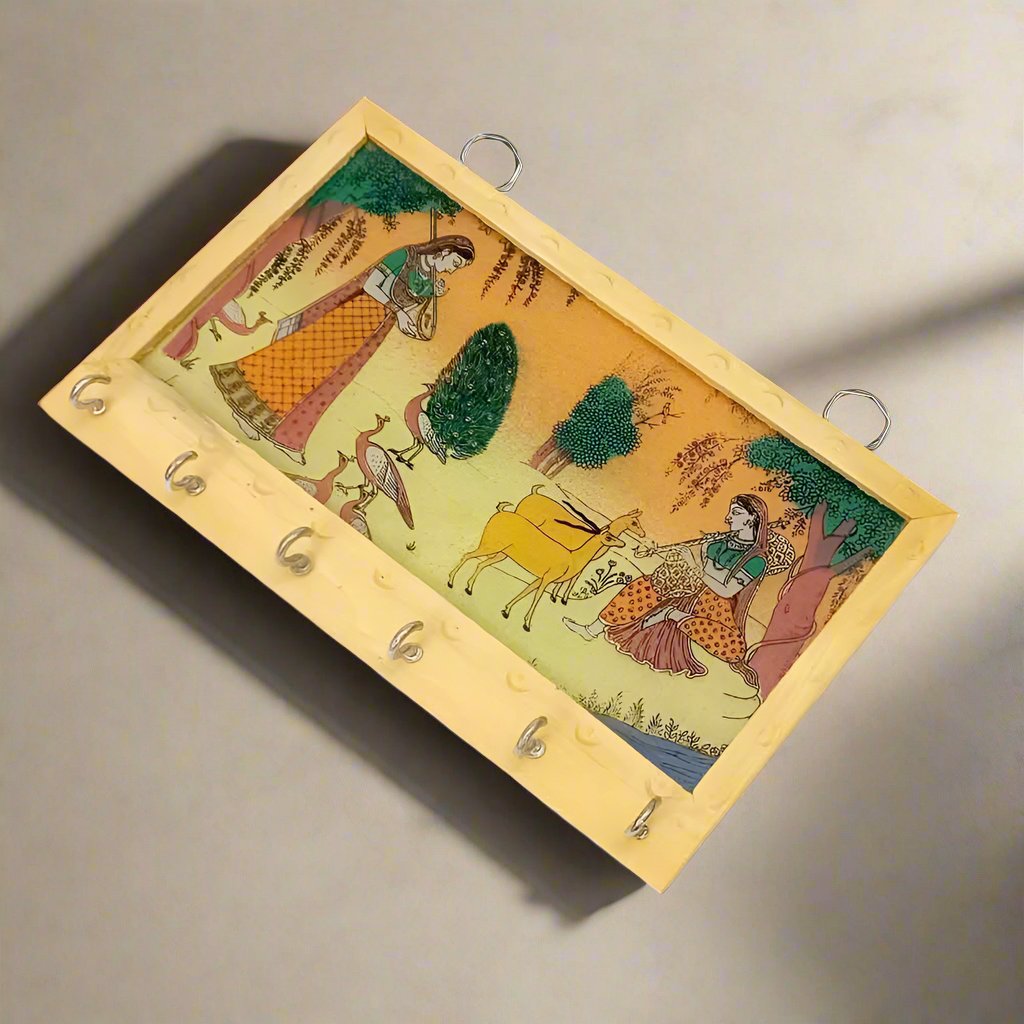 nique Key Holder Made from Pine Wood with Hand-Painted Gemstone Art