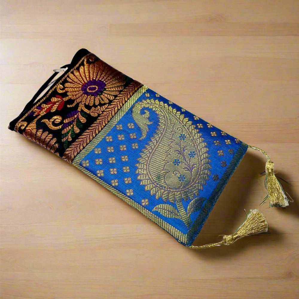 Handmade silk mobile pouch with zippered pockets, bold and stylish phone cover