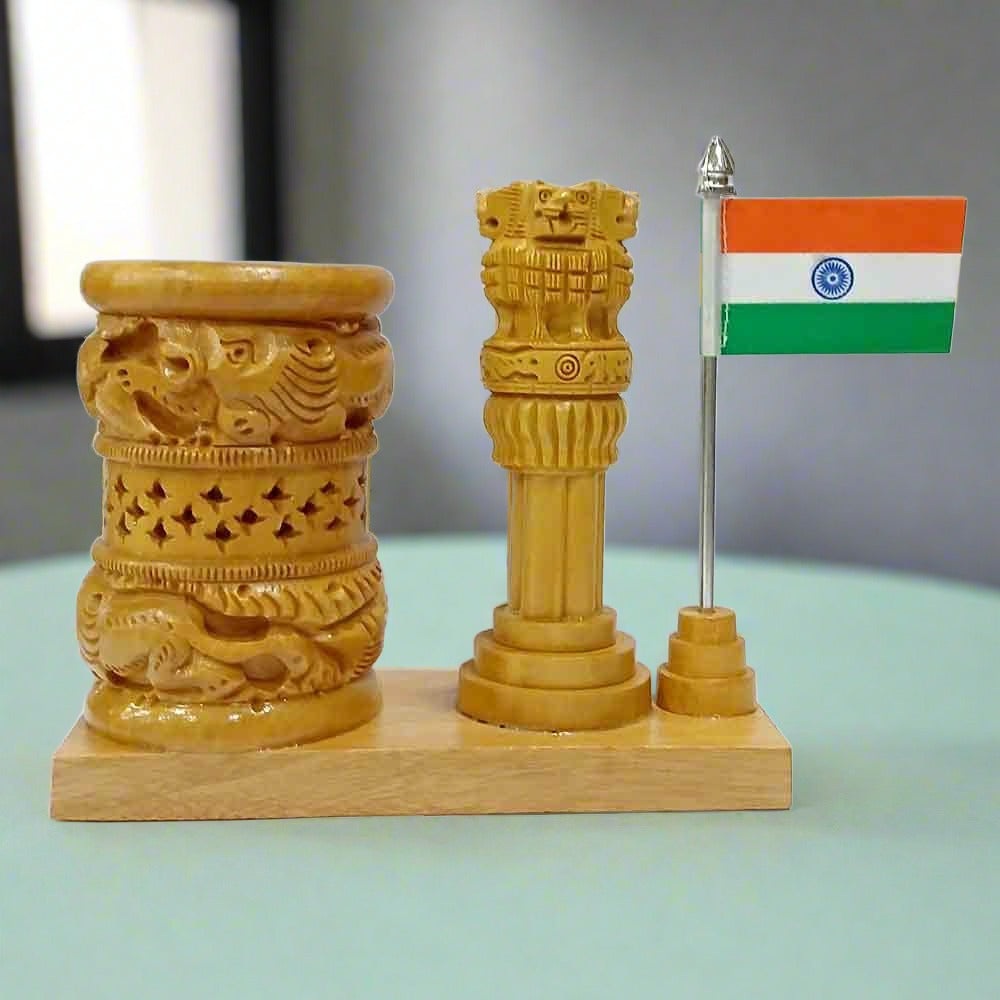 A patriotic table top pen stand featuring the Ashok Pillar and the Indian National Flag.