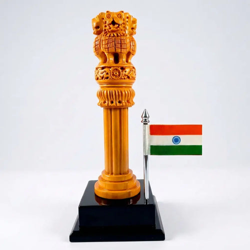 Hand-carved kadamb wood Ashok Stambh with Bharat Ka Tiranga on a square wooden base