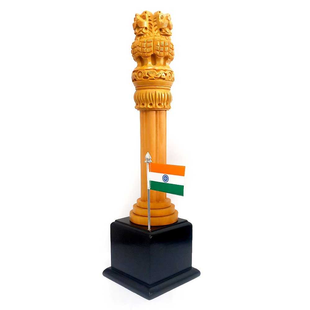 A beautiful Ashok Stambh desk decor piece on a square platform with a small Indian flag.