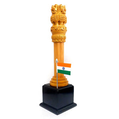A beautiful Ashok Stambh desk decor piece on a square platform with a small Indian flag.