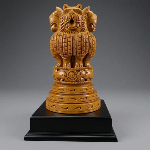 Front view of Ashok Stambh memento with carved lion capital on a black square base