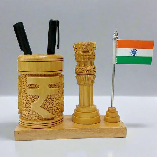 A patriotic pen holder featuring the Ashok Stambh, and Indian national flag.