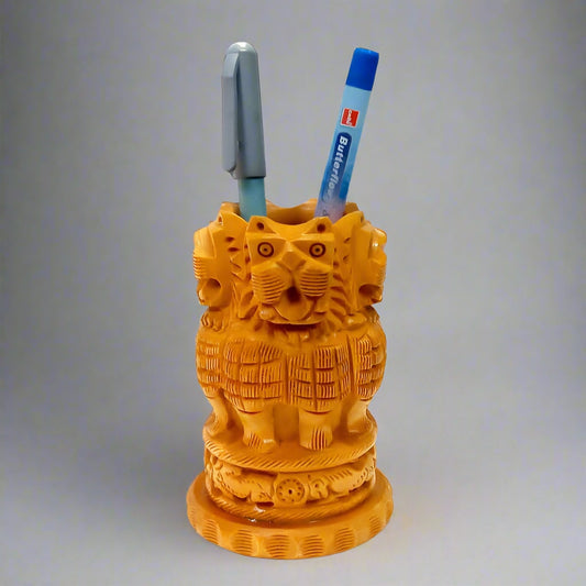 Hand-carved wooden Ashok Stambh pen holder Ashoka Pillar desk organizer 10cm Indian heritage