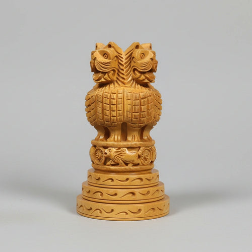 Single piece wooden Ashok Stambh sculpture Jaipur artisan craftsmanship