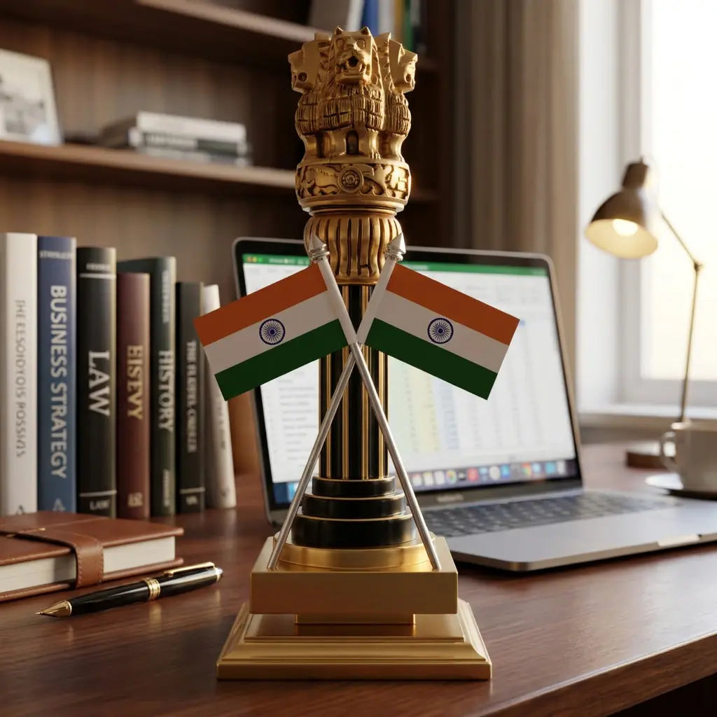 Dark brown and golden Ashoka Pillar memento with crossed Indian flags displayed in front of a laptop on an office desk