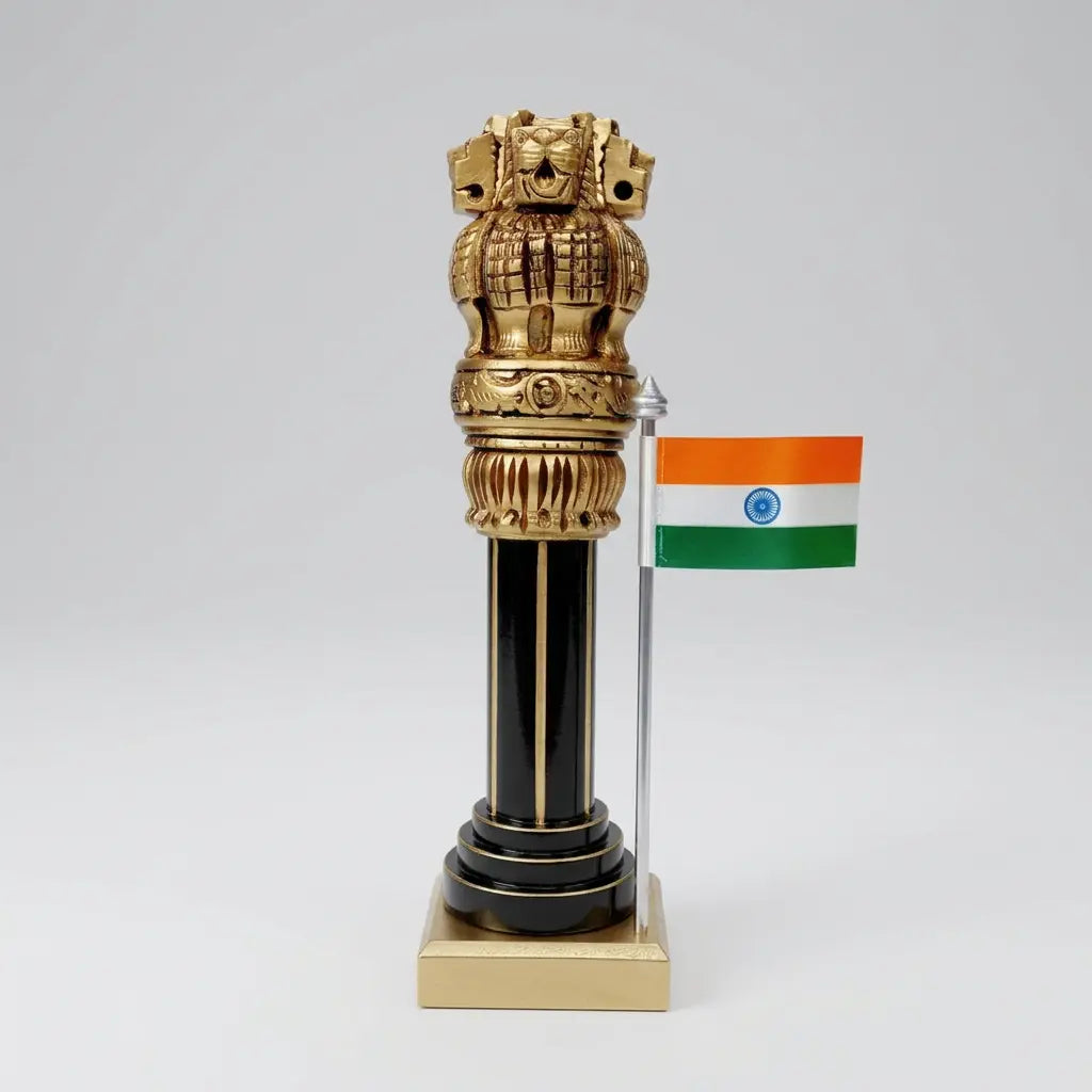 Wooden Ashoka Pillar table showpiece featuring golden carved details, a dark brown pillar and the Indian tricolour
