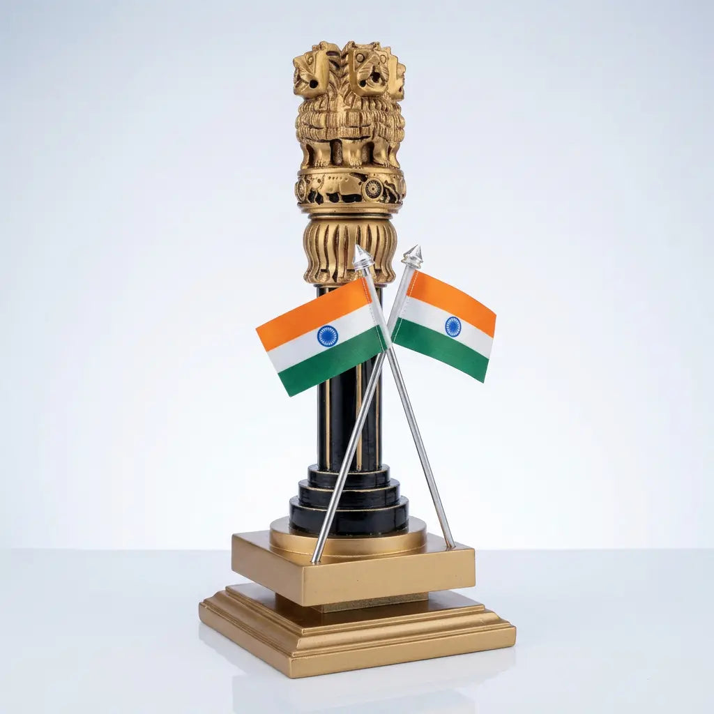 Angled view of handcrafted wooden Ashoka Stambh with crossed tricolour flags, dark brown column and golden platform