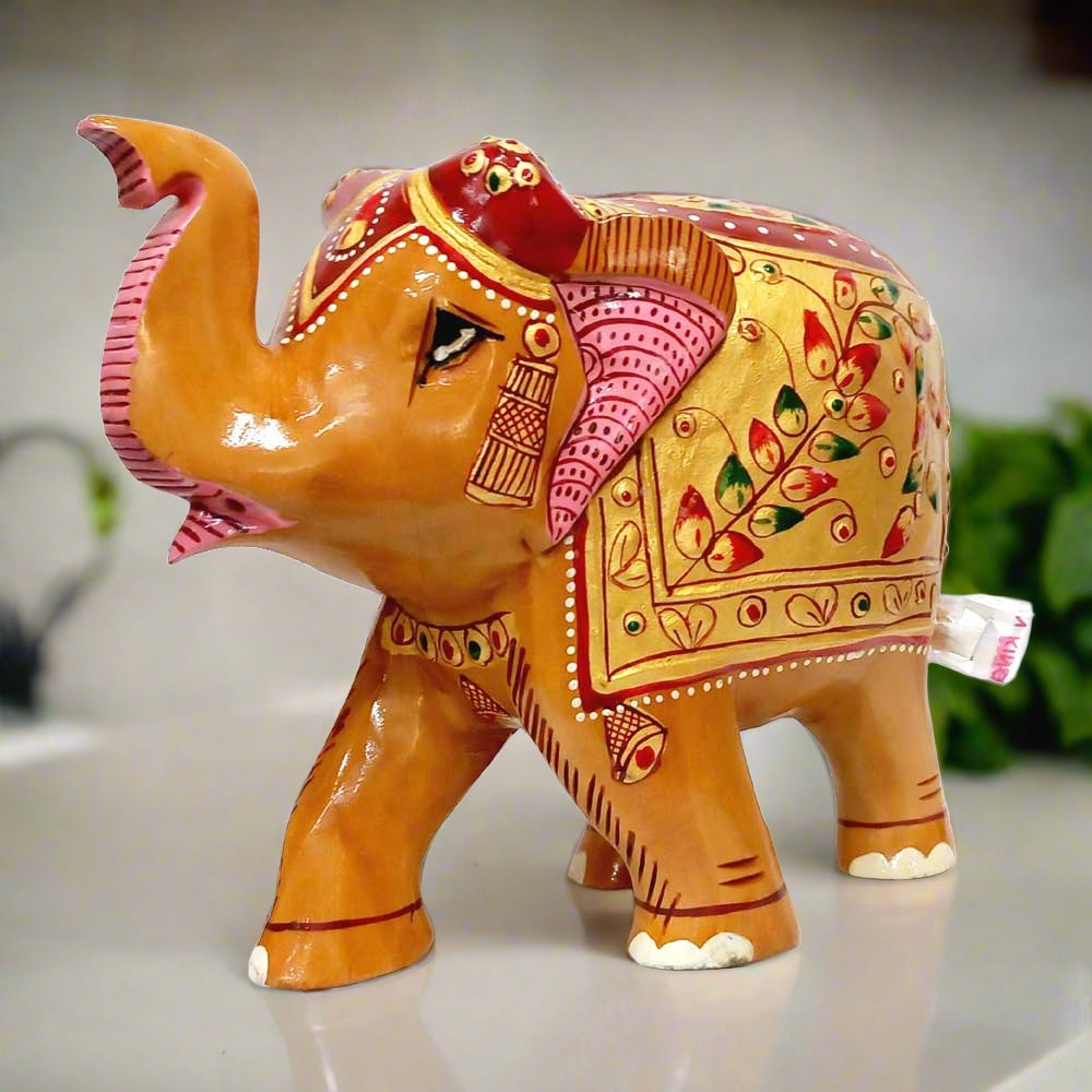 Auspicious wooden elephant handicraft statue ideal for home and office decor.