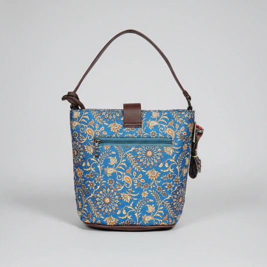 The back side of a floral crossbody bag showing a secure horizontal zipper pocket for phone storage.