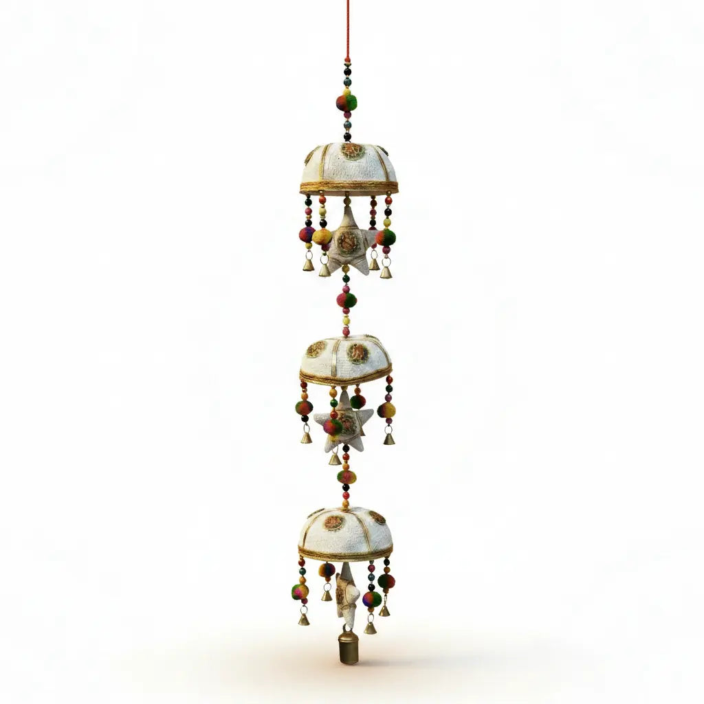Handcrafted 3-Tier Bamboo Basket Wind Chime with Jali Cotton Fabric, Antique White Finish, Brass Bells and Multicolour Beads
