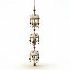 Handcrafted 3-Tier Bamboo Basket Wind Chime with Jali Cotton Fabric, Antique White Finish, Brass Bells and Multicolour Beads