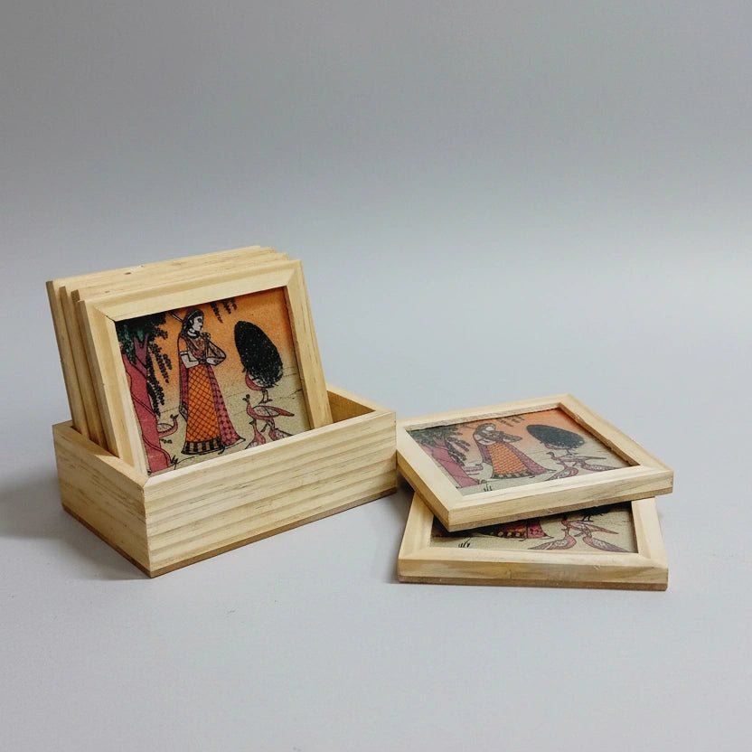 Handcrafted Bani Thani lady gemstone painting wooden tea coaster set of 6 with engraved holder, Jaipur Rajasthan handicraft.