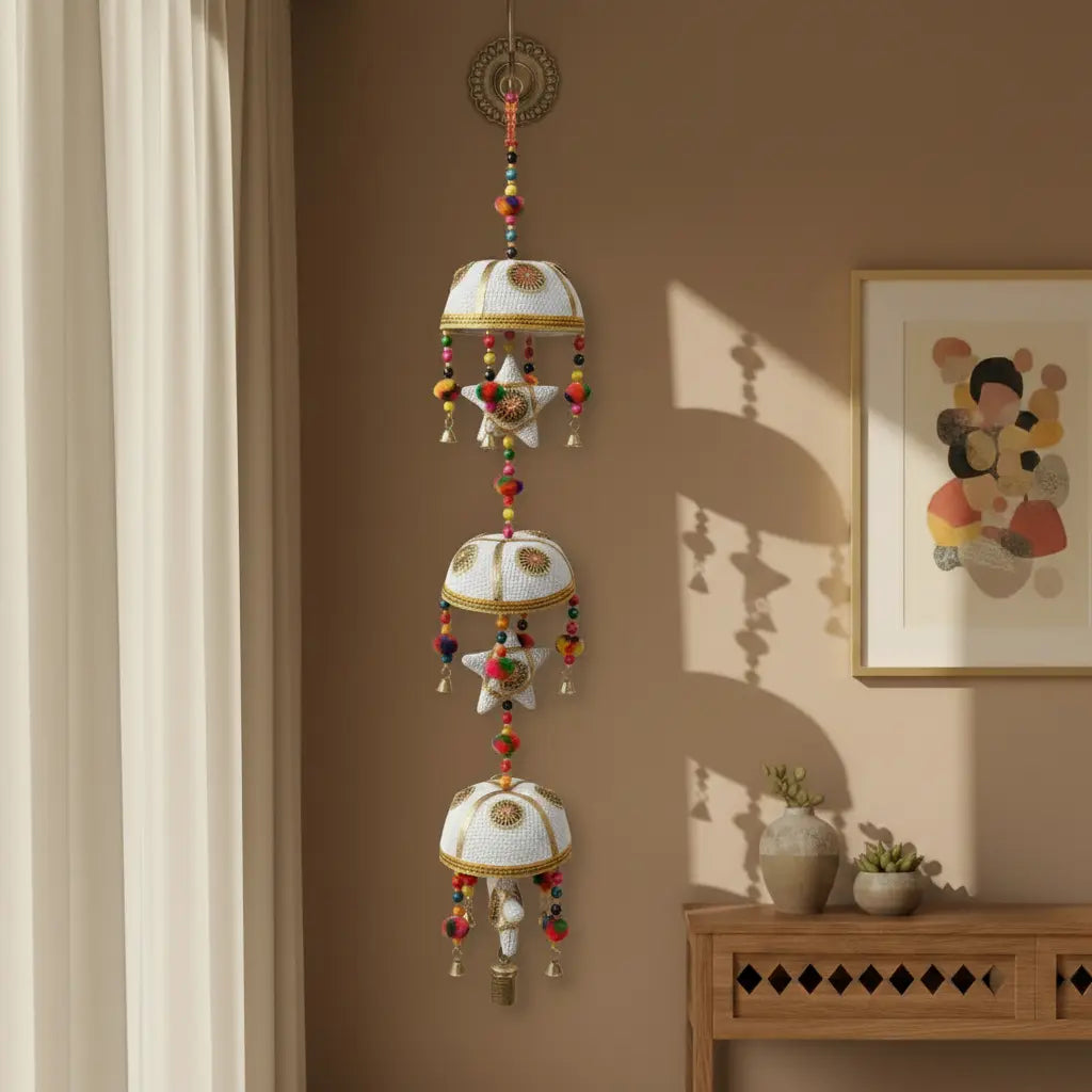 Ethnic Bamboo Basket Wind Chime Wall Hanging with Gold Medallion Detailing, Star Connectors and Brass Cow Bell