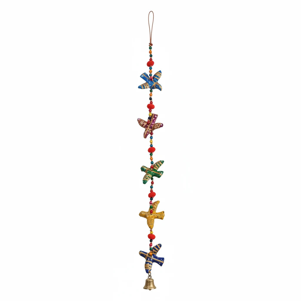 Ethnic Bird Bead Wall Hanging — Hand-Painted Fabric Bird Figurines with Traditional Indian Folk Art Design