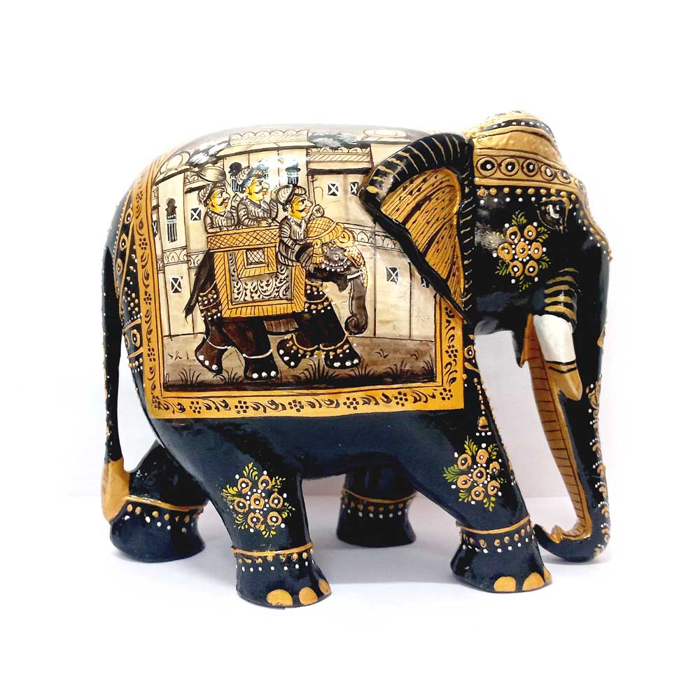 A black elephant showpiece with colorful art, perfect for an office desk or shelf.