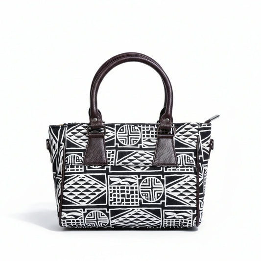 Front view of a black fabric sling bag featuring a PU leather top handle.