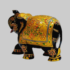 Black wooden salute elephant showpiece, full-gold saddlecloth with red green emboss