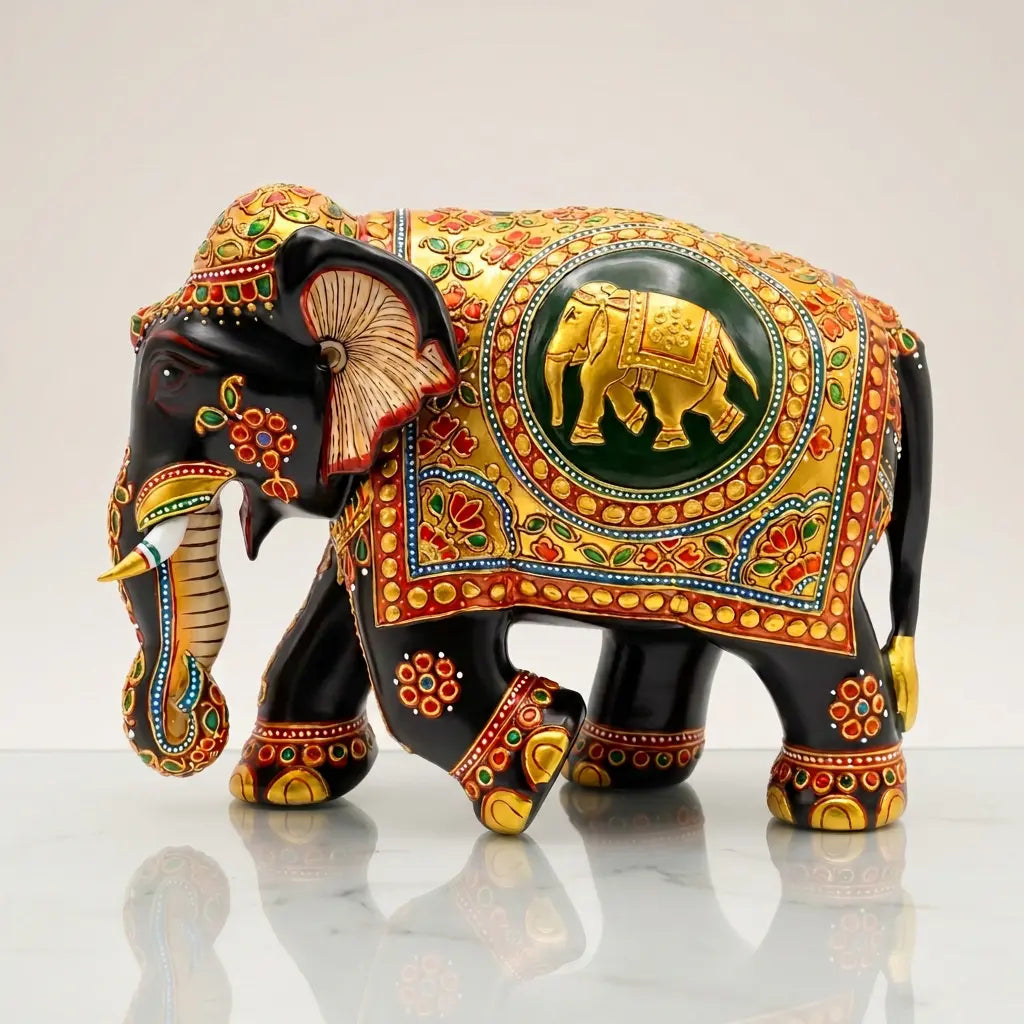 Left-facing black wooden elephant with a golden elephant motif inside a green circular panel and colourful floral borders