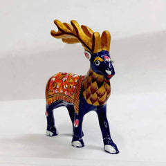 Side view of embossed enamel deer showpiece from Jaipur, 8cm length metal handicraft