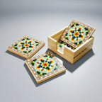 Top view of 4 Blue Pottery Coasters with matching floral design and inlaid border work