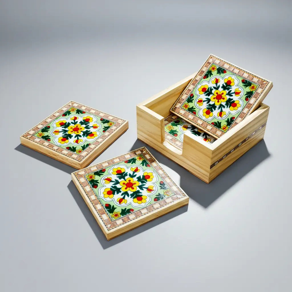 Top view of 4 Blue Pottery Coasters with matching floral design and inlaid border work