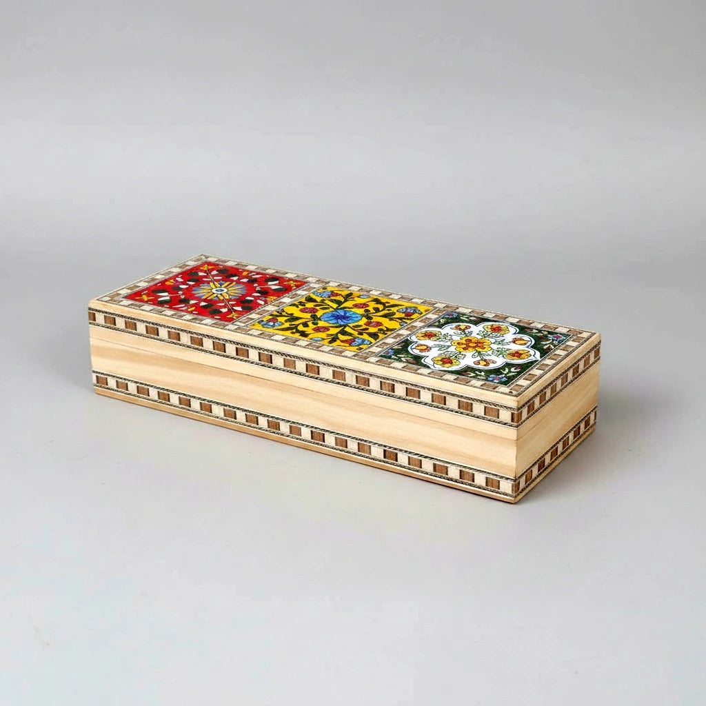 All Four Side Borders of Pine Wood Jewellery Box with Blue Pottery Inlaid Work - Jaipur Craft