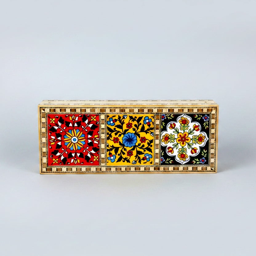 Handcrafted Wooden Jewellery Box Side Border with Blue Pottery Inlay Work