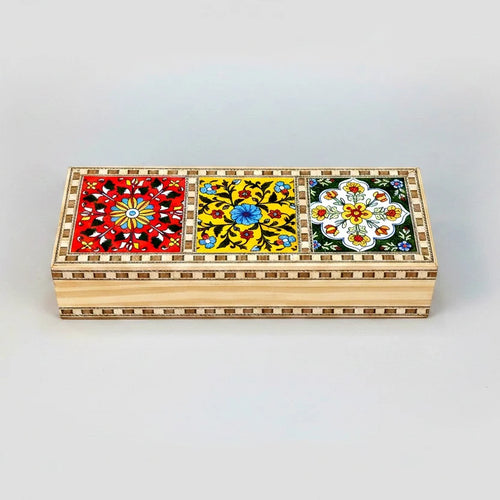 Blue Pottery Inlaid Wooden Jewellery Box - Top View with Three Assorted Colour Tiles