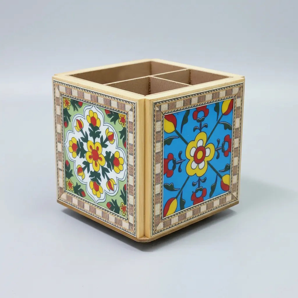 All 4 sides of Blue Pottery Pen Holder showing 2 unique floral tile designs, Jaipur Handcrafted