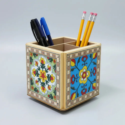 Blue Pottery Revolving Pen Holder with 3 Compartments, Pine Wood Frame, Handcrafted in Jaipur