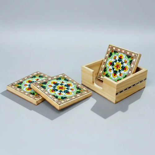 Blue Pottery Wooden Coaster Set of 4 with Inlaid Pine Wood Holder, Jaipur Handcrafted