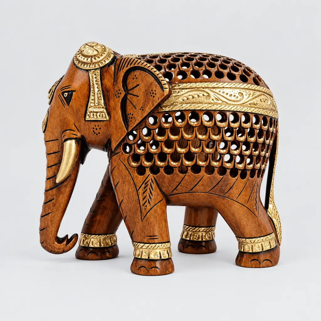 Brown and gold wooden elephant with intricate jaali carving, gold tusks and a downward trunk, viewed from the front angle