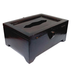 A brown wooden tissue holder decorated with a beautiful blue pottery pattern.