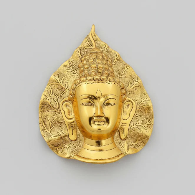 Side profile of metal Buddha wall hanging featuring attractive leaf motif and polished finish.