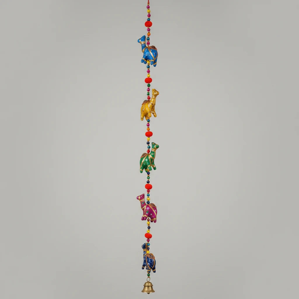 Rajasthani Camel Bead Wall Hanging — Hand-Painted Fabric Camel Figurines with Traditional Folk Art Design