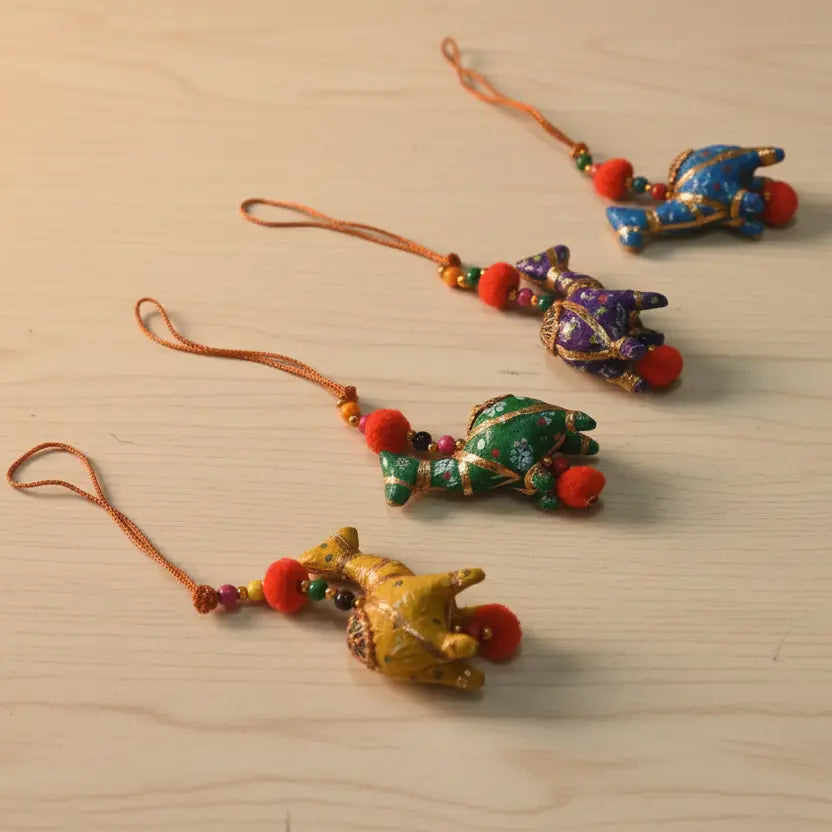 Cotton Printed Fabric Camel Figurine Hanging in Assorted Colours with Red Twisted Cord — Handmade Indian Return Gift and Car Decor