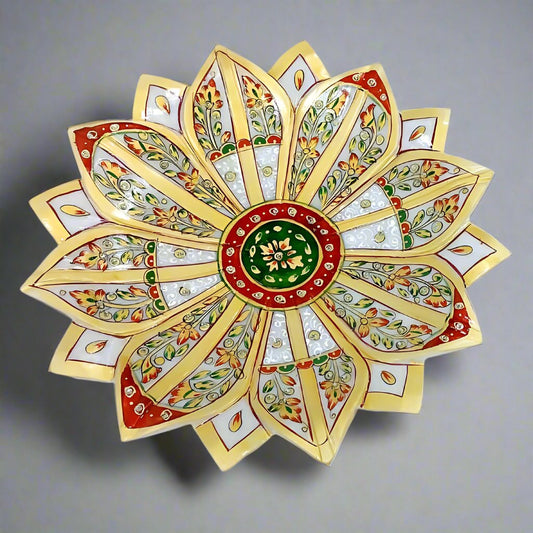 Exquisite handcrafted marble urli with traditional Indian artwork