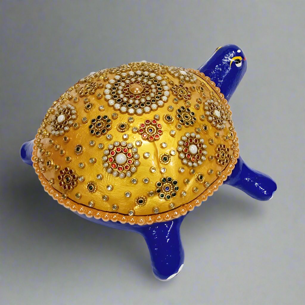 Artisan Made Meenakari Metal Tortoise – Elegant Multicolor Stone Embellished Home Accent