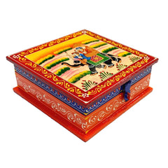 A colorful Rajasthani painting on a wooden box, a perfect showpiece.