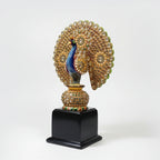 Large wooden peacock trophy designed for corporate awards, featuring space for custom company logo branding.