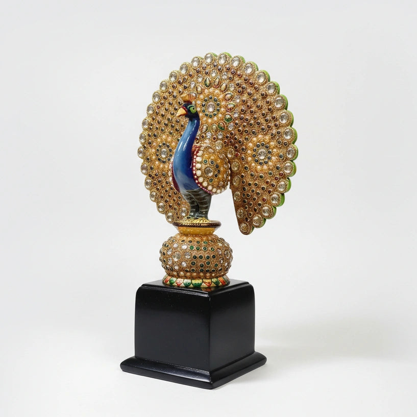 Large wooden peacock trophy designed for corporate awards, featuring space for custom company logo branding.