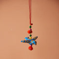Handcrafted Blue Cotton Printed Fabric Bird Hanging with Gold Detailing, Red Cord, Multicolour Beads and Pom Poms