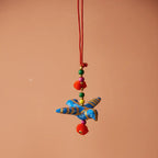 Handcrafted Blue Cotton Printed Fabric Bird Hanging with Gold Detailing, Red Cord, Multicolour Beads and Pom Poms