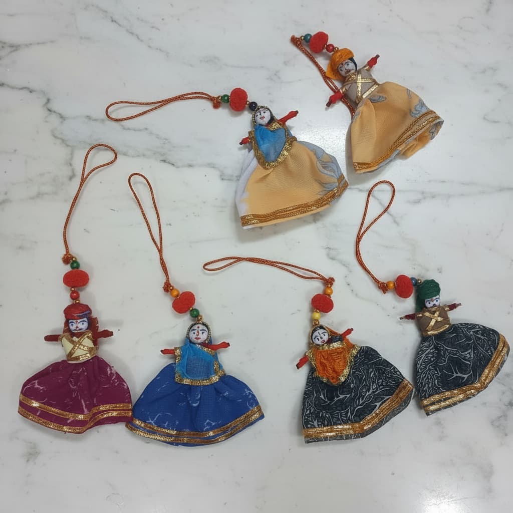 Rajasthani Couple Puppet Doll Hanging in Assorted Colours — Handmade Fabric Figurines for Wedding Return Gift and Home Decor