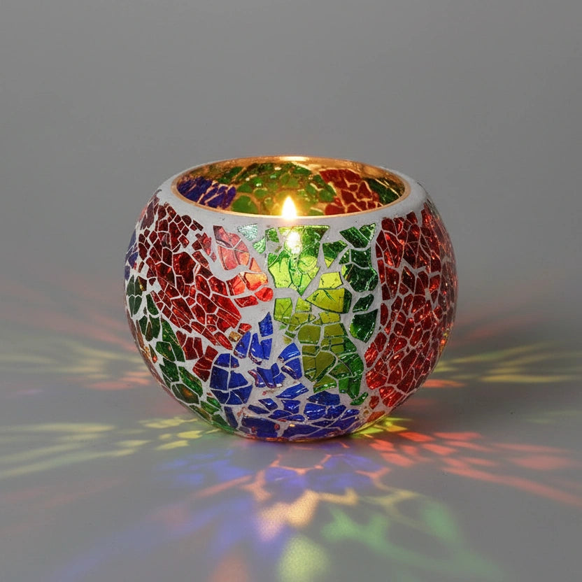 Premium colorful crackle glass tealight holder with lit candle for festive home decor.